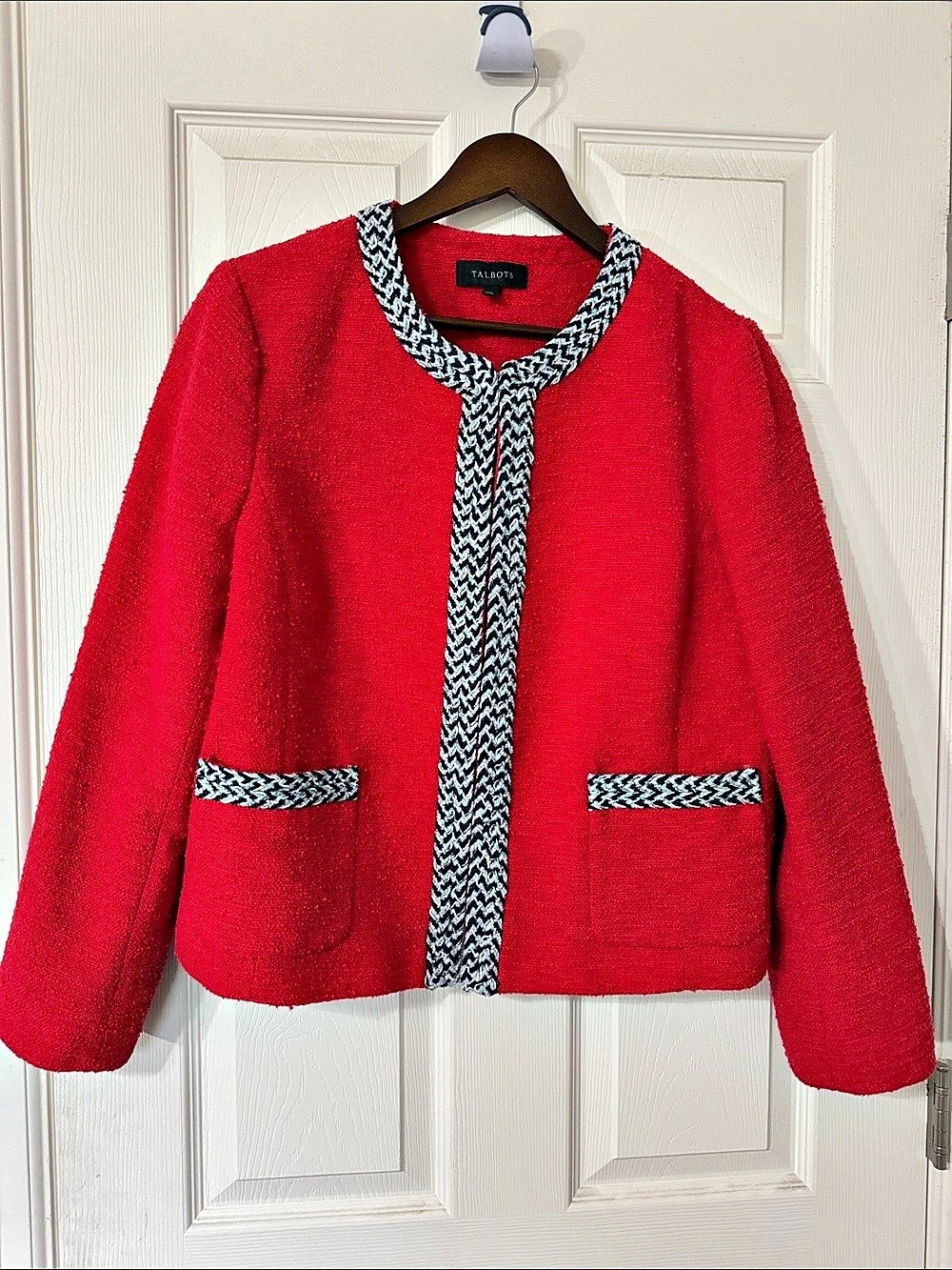 Talbots Contrast Tweed Jacket Red & Black Geometric Size 14